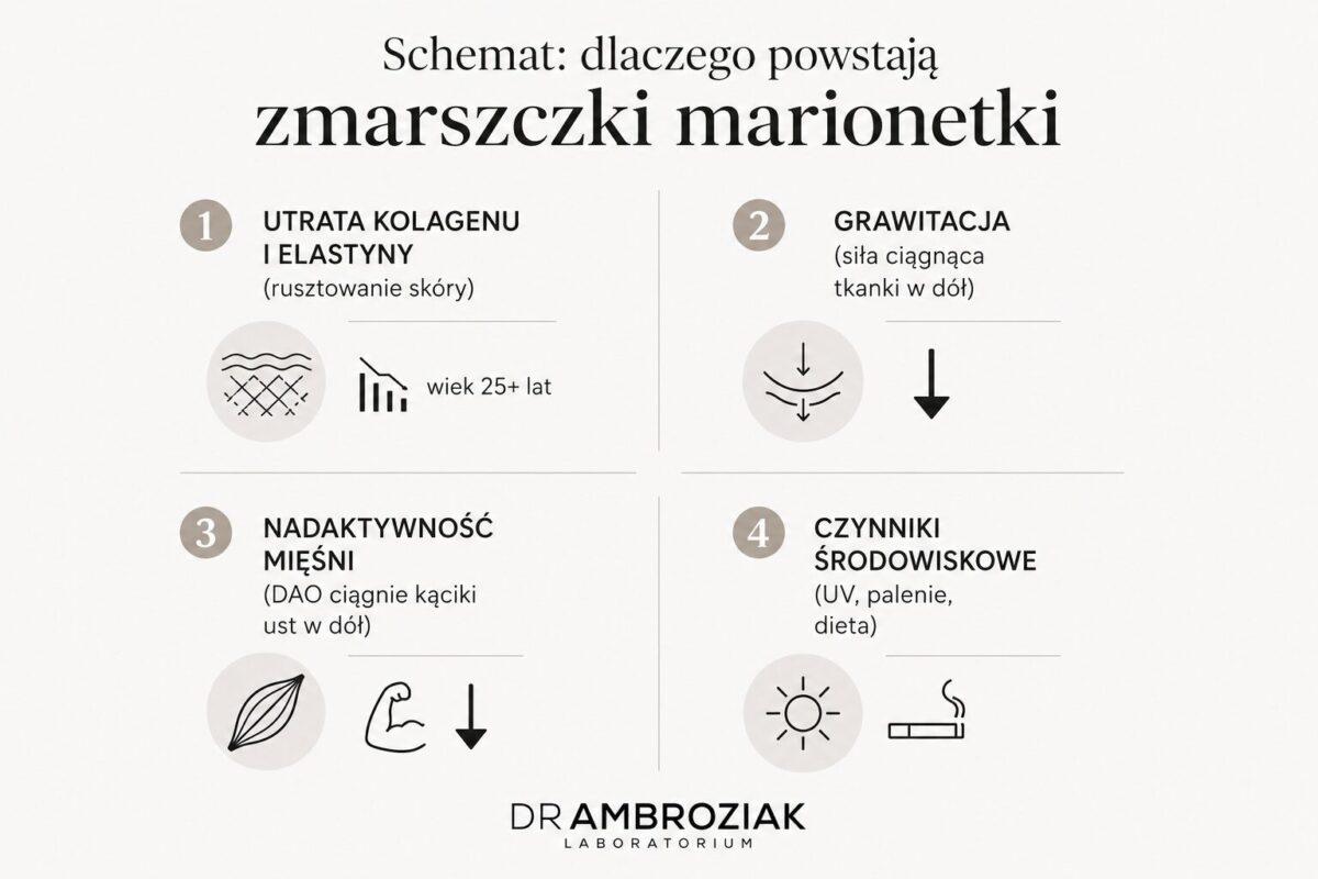 Schemat: dlaczego powstają zmarszczki marionetki (4 przyczyny)